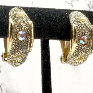 Vintage Judy Lee Clip On Earrings AB Rhinestone Faux Pearl Gold Tone